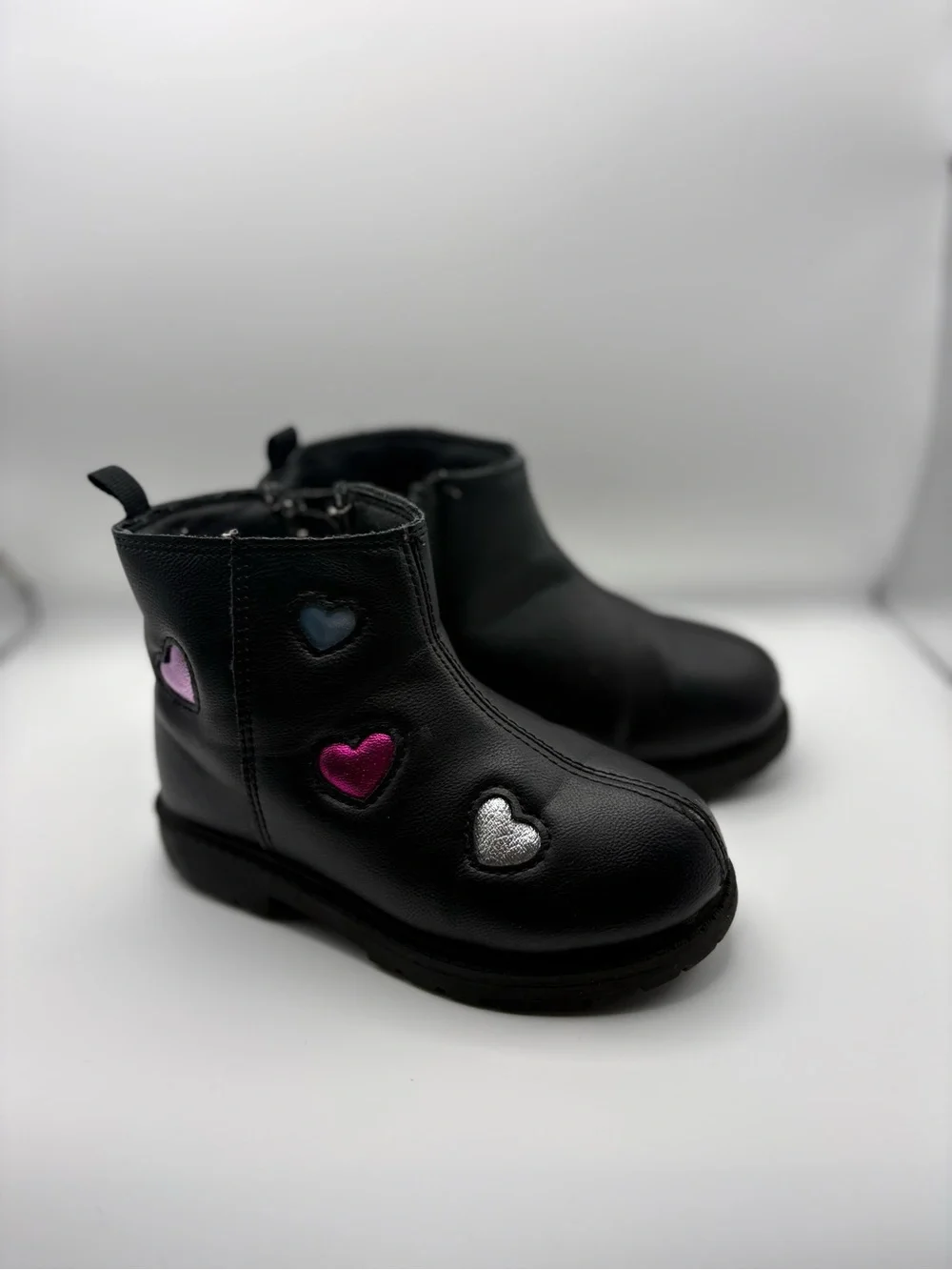 Carter's Black Ankle Boots with Pink, Silver & Blue Heart Accents